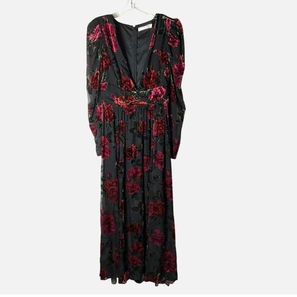 Rachel Parcell Burnout Velvet Maxi Dress V-Neck Gown Black Red Size 6 *READ FLAW - Picture 2 of 10